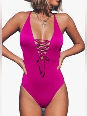 CUPSHE Pink Lace Up One Piece Swimsuit Size S Ribbed Tummy Control